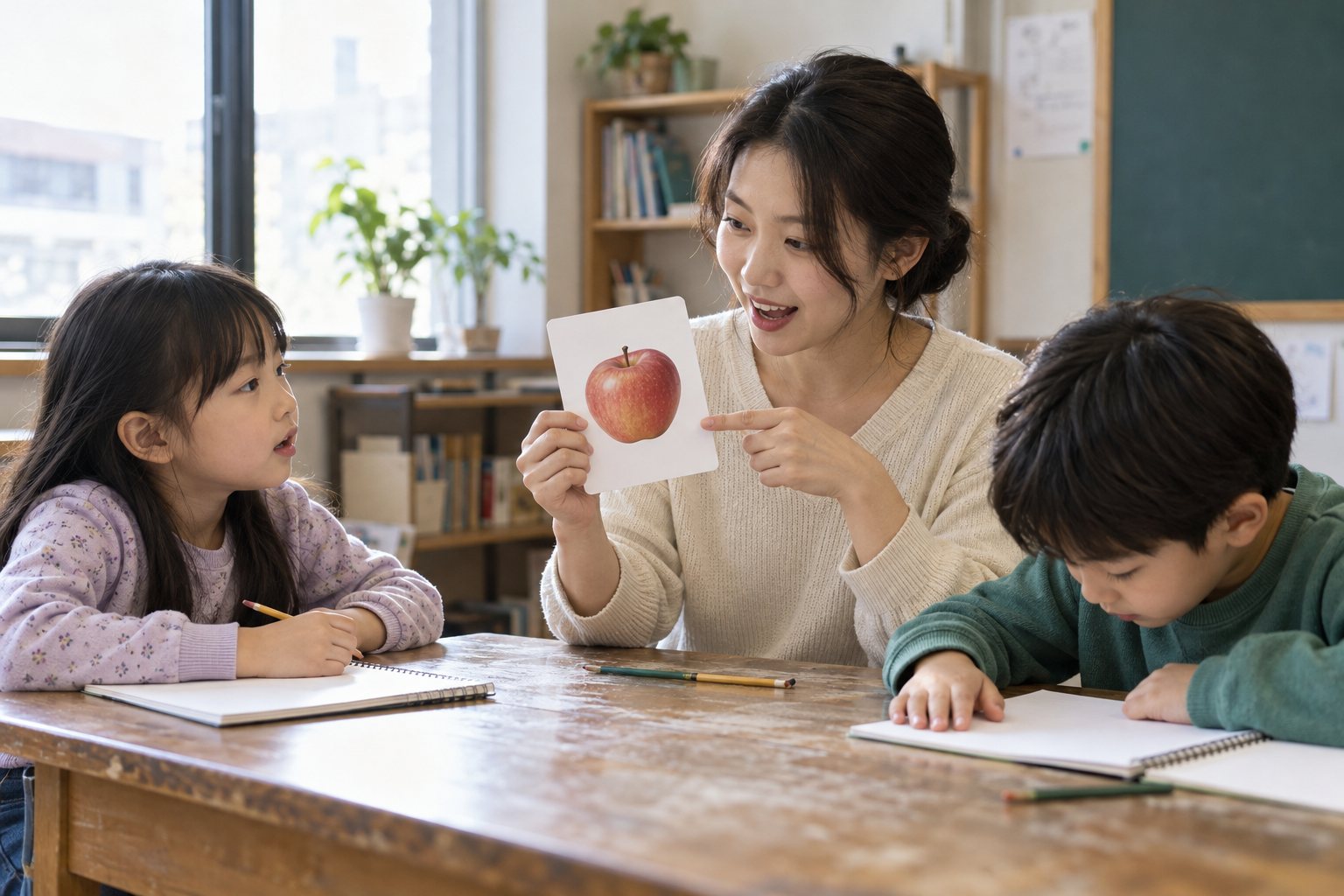 先生が絵カードを説明し、子ども1人はカードを、もう1人はノートを見ている架空の授業