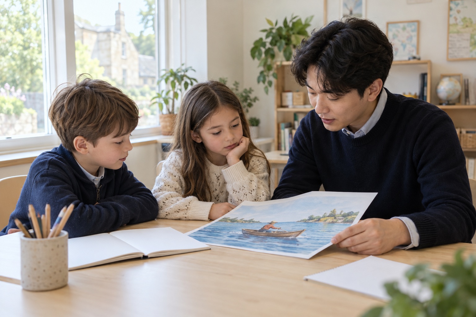 Fictional lesson with one teacher and two elementary school children looking at an illustrated page